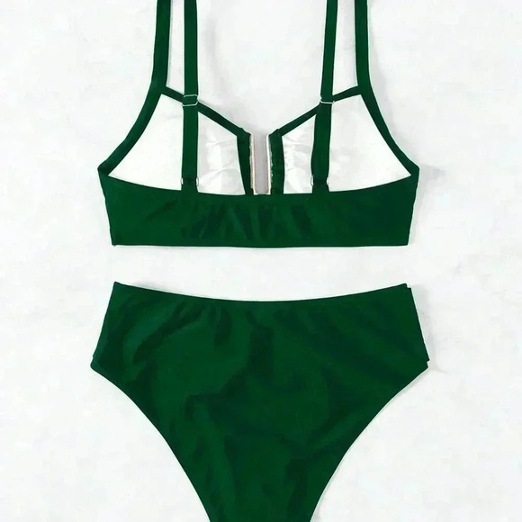 Dark Green Women's U-Shaped Ring Design Sexy Bikini Set - Picture 8 of 8